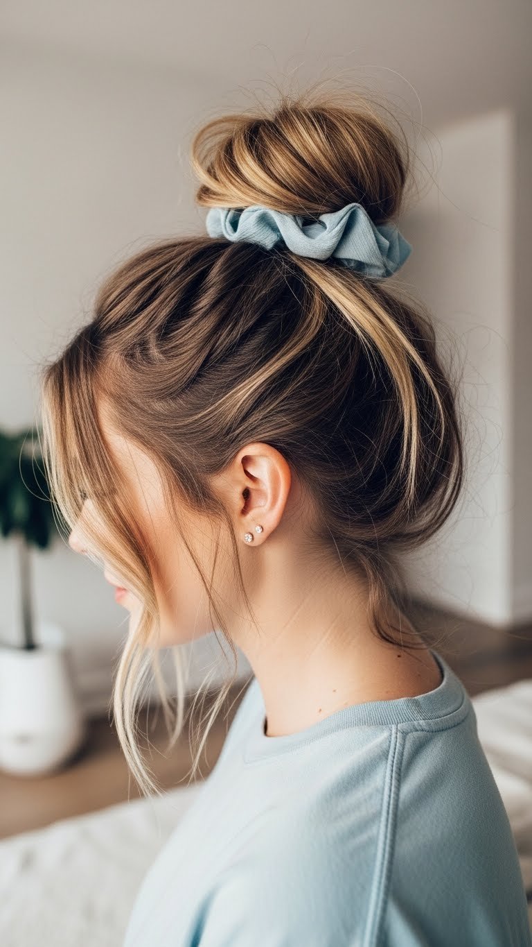 Effortless messy bun hairstyle with loose strands framing face against cozy minimalist interior