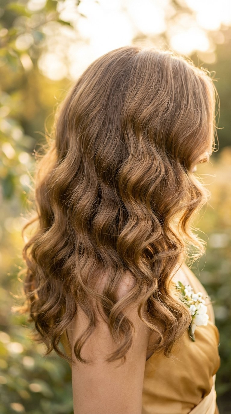 Effortless voluminous waves hairstyle with bouncy natural-looking waves tumbling over shoulders in golden hour light