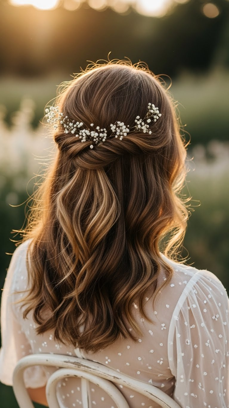 Effortless wavy half-up half-down hairstyle with delicate flowers woven into pulled-back section against garden backdrop