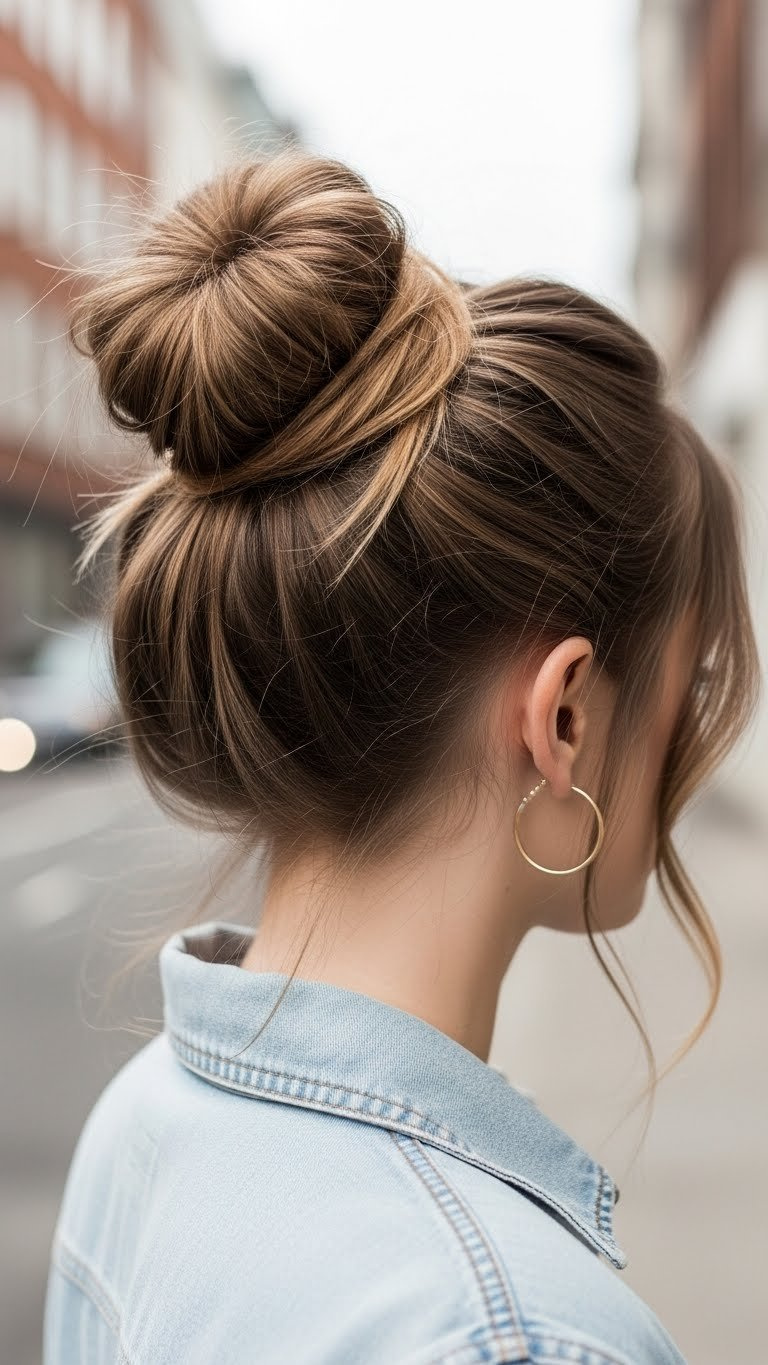 Effortlessly chic messy bun with face-framing tendrils on medium length hair in relaxed urban setting