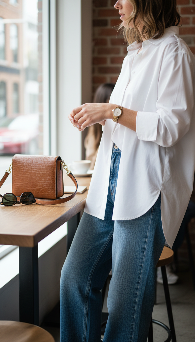 Effortlessly cool outfit with classic blue baggy jeans and white oversized button-down shirt in cafe setting