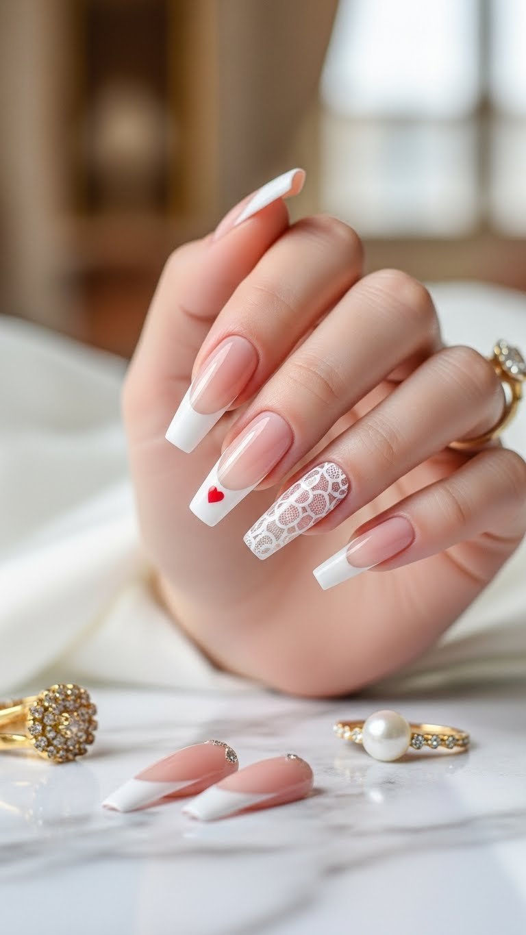 Elegant French tip stiletto nails with romantic red heart accents on classic white tips