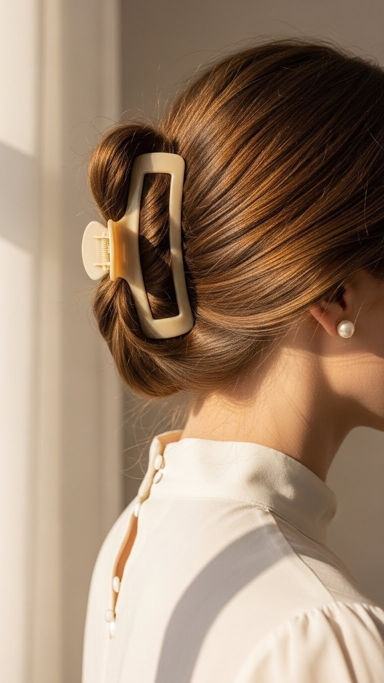 Elegant French twist hairstyle secured with medium claw clip in warm cream and golden brown tones with soft natural lighting.