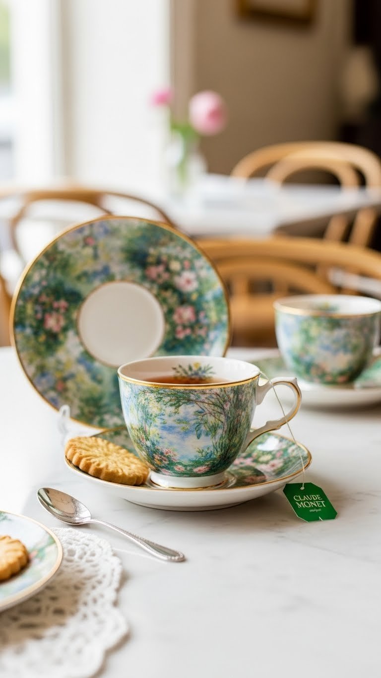 Elegant Monet porcelain teacup and saucer set with classic painting displayed on pristine white marble countertop.