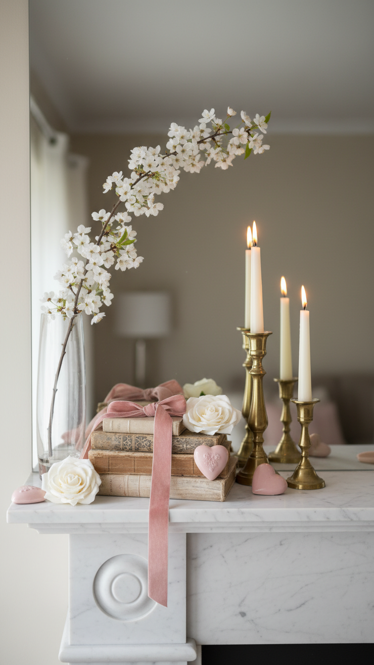 Elegant Valentine's fireplace mantel with blush pink decor, white blossoms in glass vase, brass candlesticks on marble mantelpiece