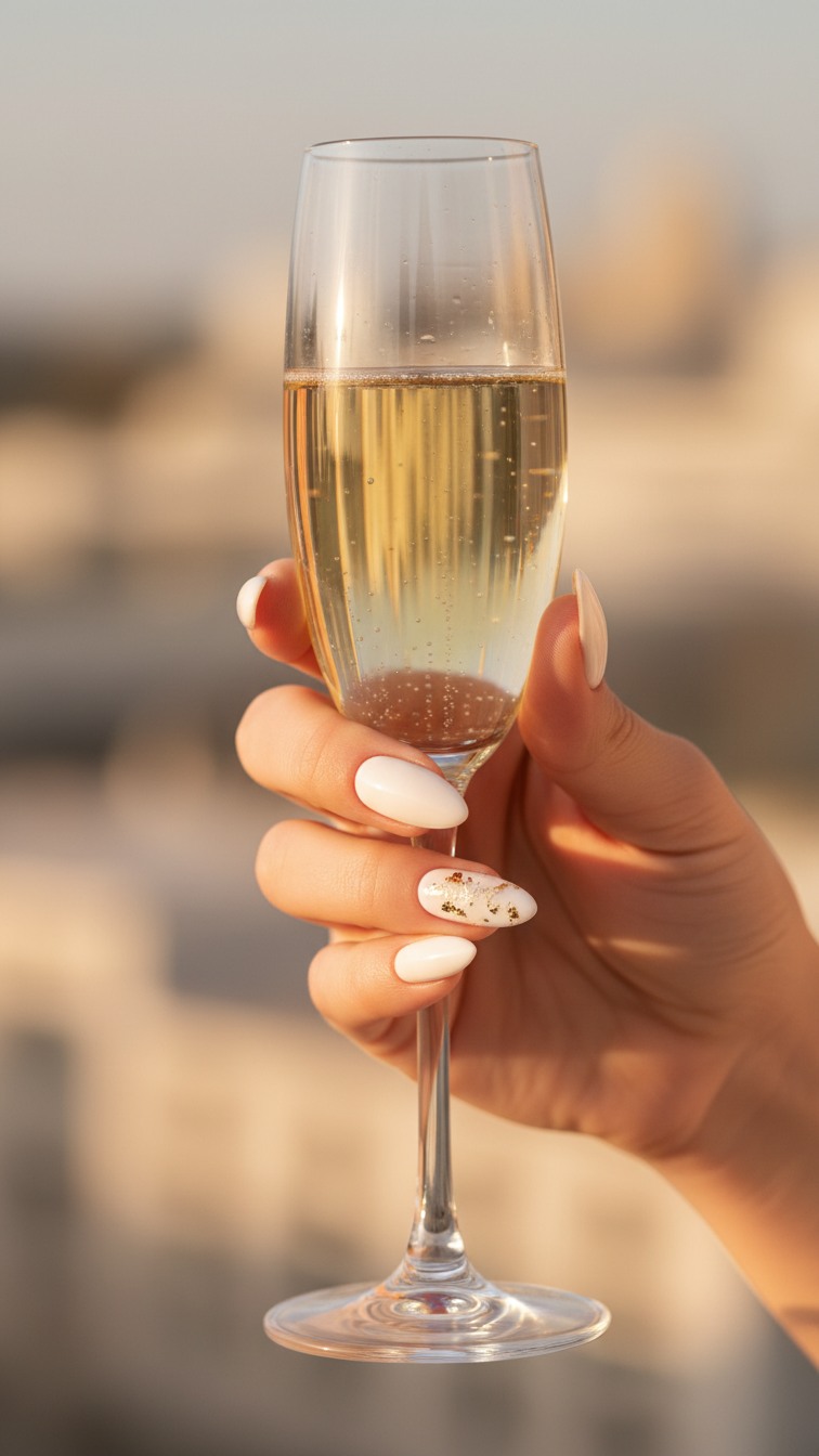 Elegant almond nails with creamy white polish and gold foil accents delicately holding champagne glass