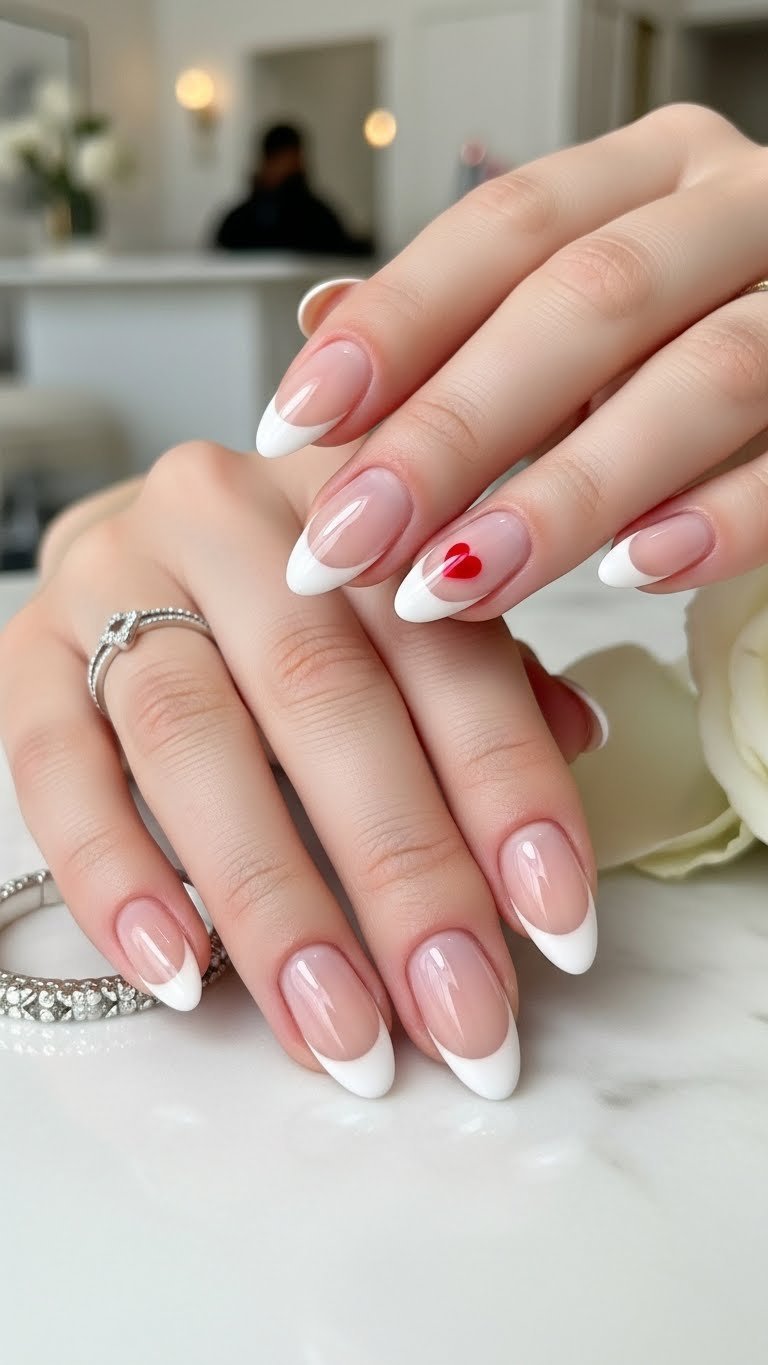 Elegant almond-shaped nails with crisp white French tips and subtle red heart accents on glossy finish