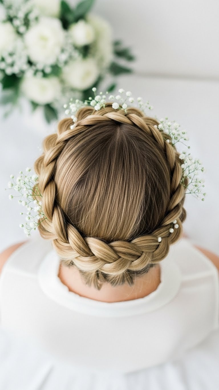 Elegant braided crown hairstyle creating regal halo effect with baby's breath flowers on clean white background