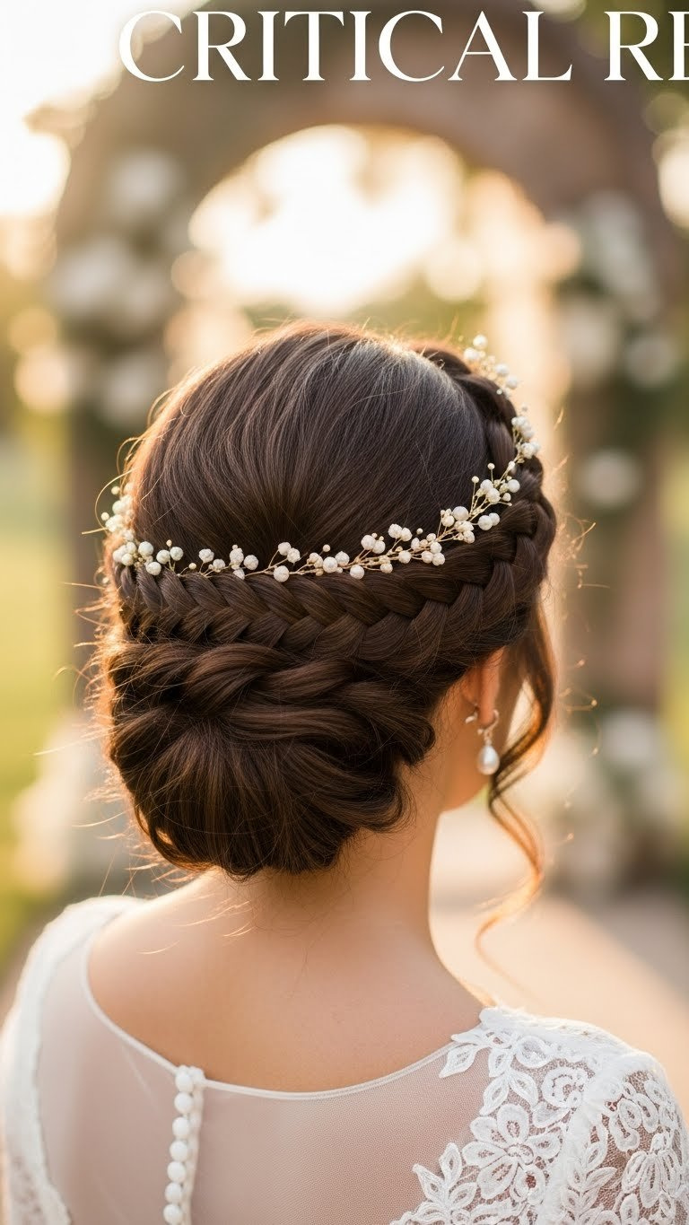 Elegant braided crown updo on medium length Latina hair with intricate detail and sophisticated cultural inspiration