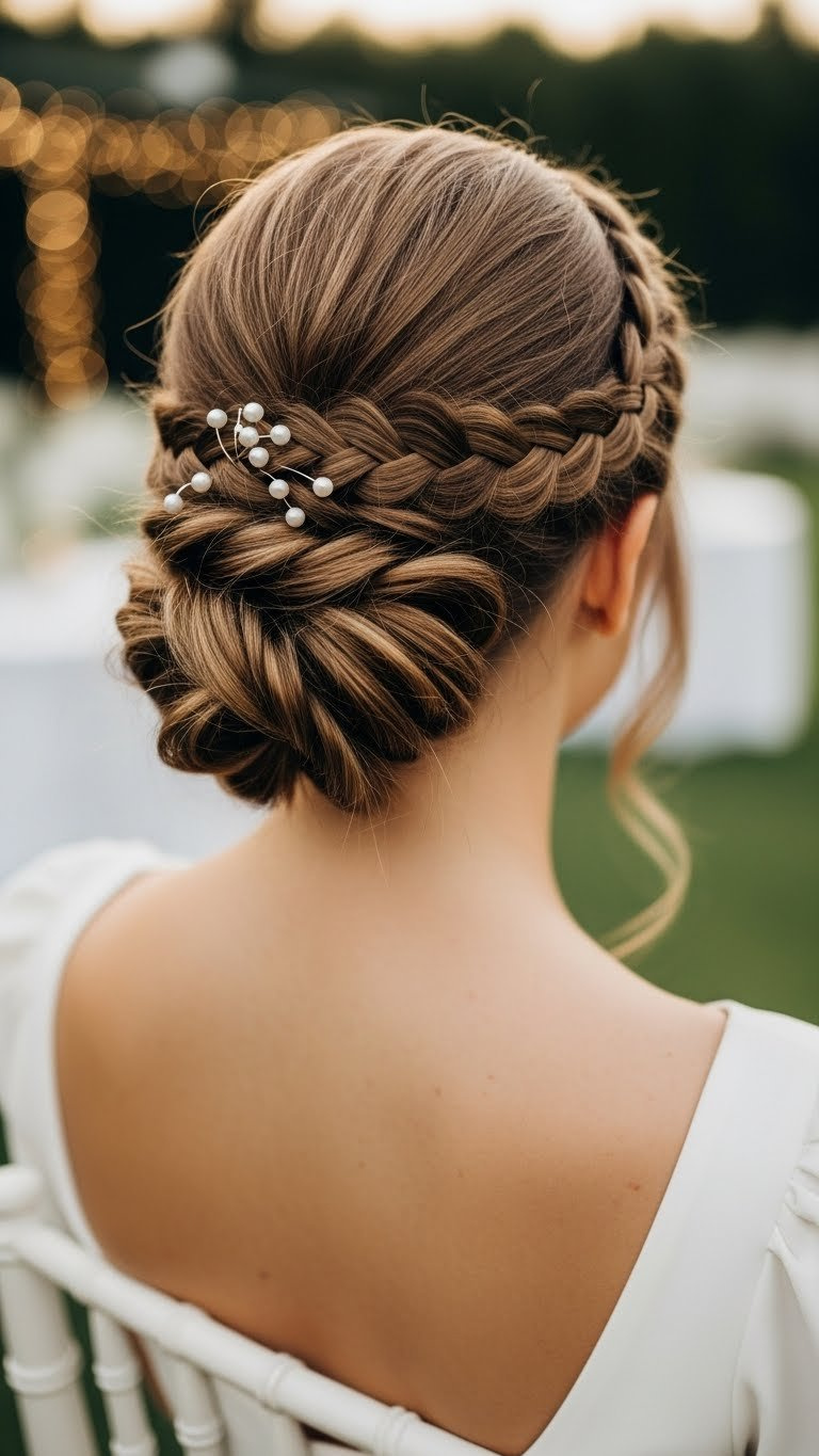 Elegant braided updo hairstyle with intricate woven braids secured at the crown against a soft bokeh garden background