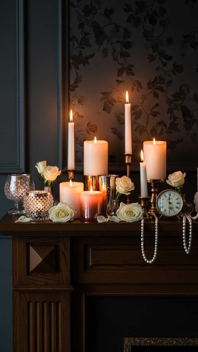 Elegant candlelight display with gold holders, white roses, and warm glow against dark paneled wall.
