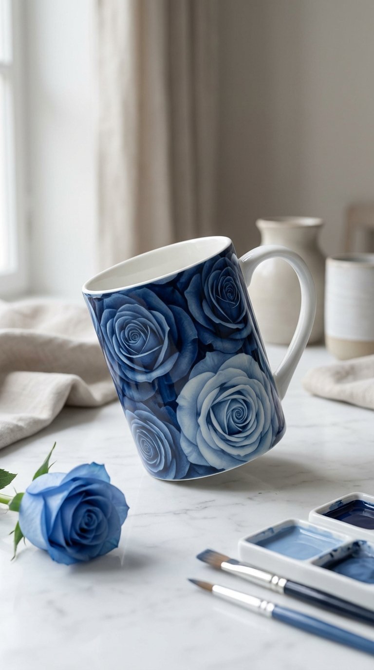 Elegant ceramic mug with monochromatic rose patterns in blue shades on marble countertop with fresh rose