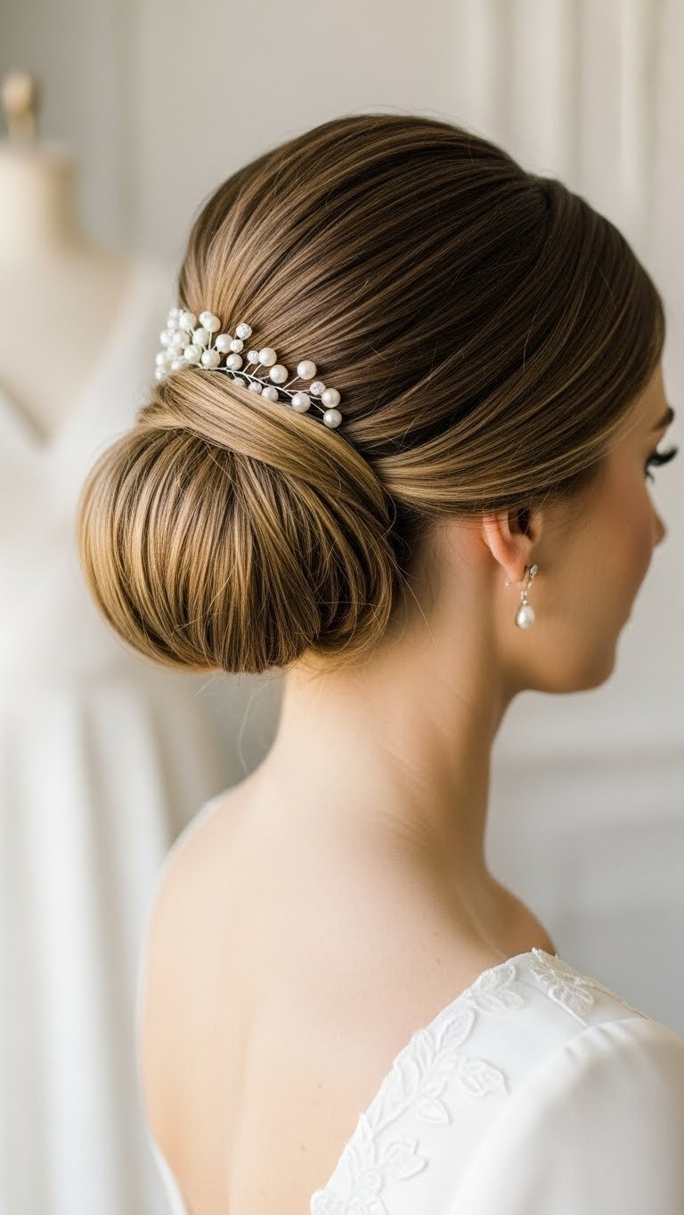 Elegant classic low chignon hairstyle with pearl hairpiece in warm cream tones against soft natural window light backdrop