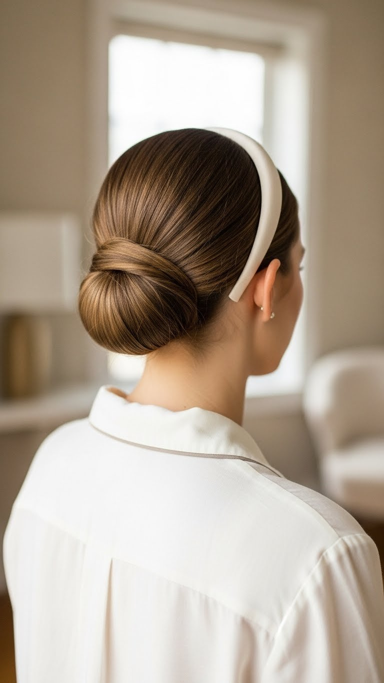 Elegant classic tucked-under headband updo hairstyle with smooth hair texture and gentle volume at the crown in soft natural window light.