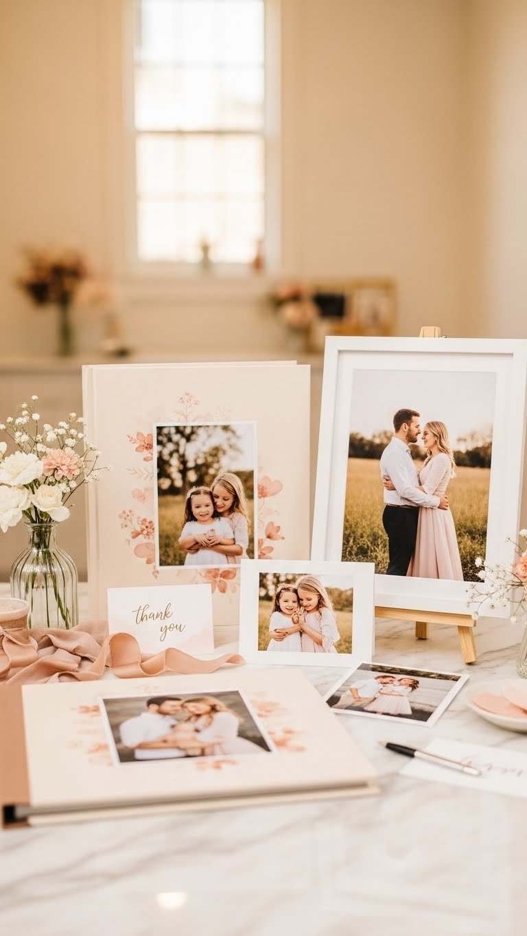 Elegant display of custom Valentine's photo products including album, framed print, and personalized photo cards