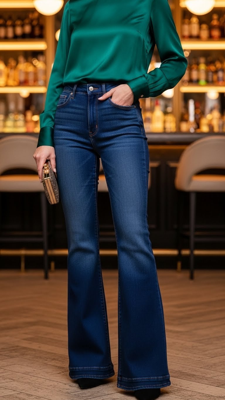 Elegant evening look featuring jewel-toned silk blouse with dark flare jeans in upscale bar setting