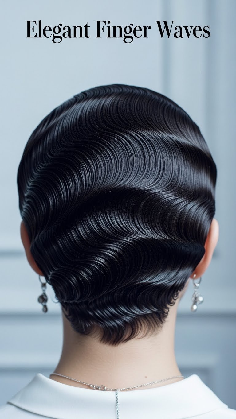 Elegant finger waves hairstyle with glossy symmetrical waves framing the face against a monochromatic blue-white backdrop.