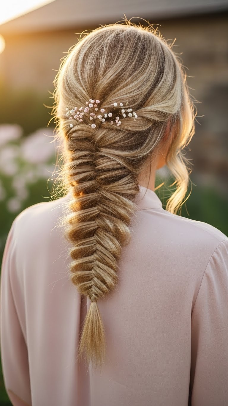 Elegant fishtail braid on medium hair captured in over-the-shoulder perspective with golden hour lighting and floral accents
