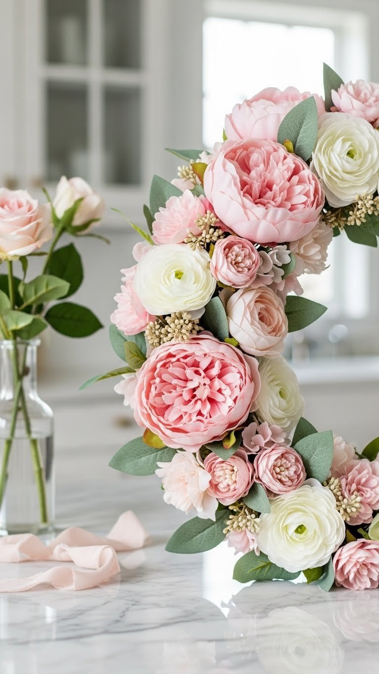Elegant floral Valentine wreath with pink peonies, white ranunculus on grapevine form on marble countertop with glass vase.