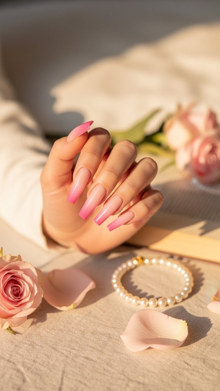 Elegant gradient ombre pink jelly nails transitioning from light to deep pink with soft bokeh bedroom background