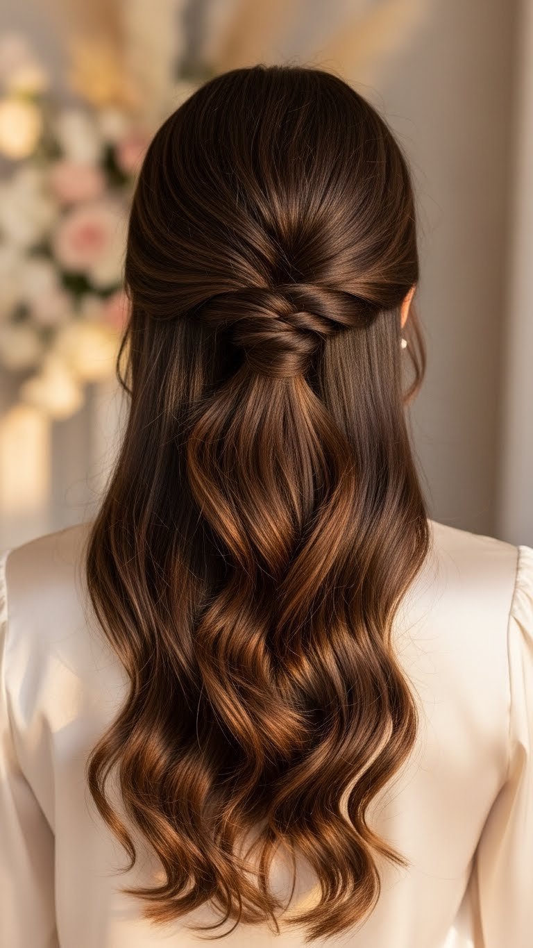 Elegant half-up twist hairstyle on glossy brunette hair with smooth twists and flowing waves in wedding decor setting