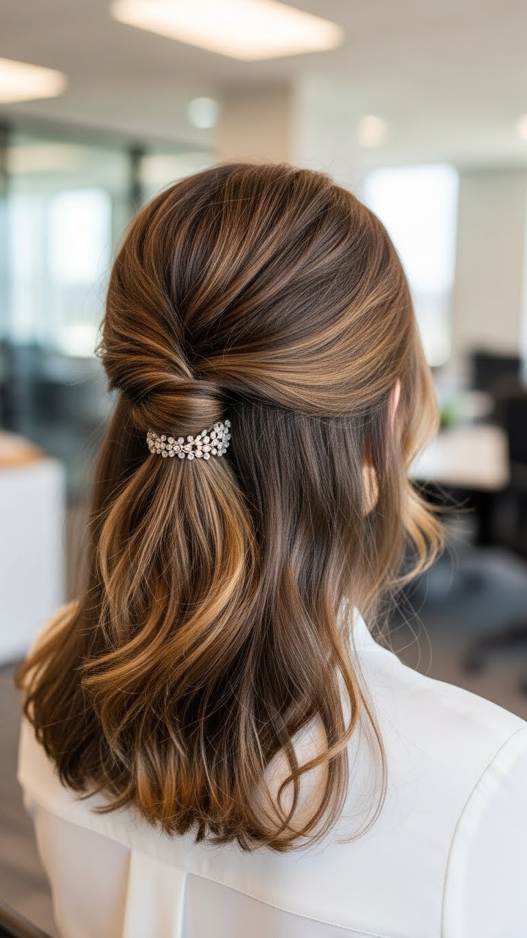 Elegant half-up twist hairstyle on medium length hair cascading over shoulders in professional office setting
