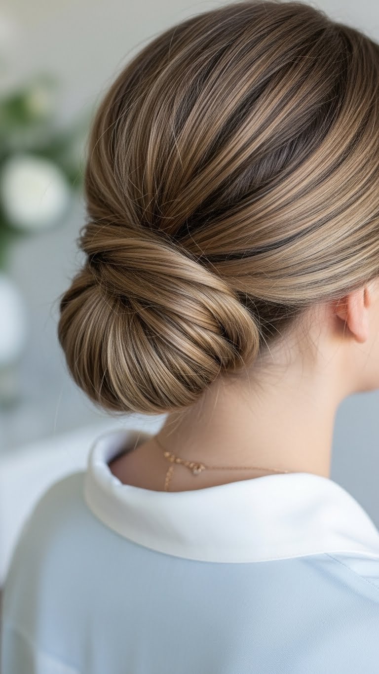 Elegant half-up twist hairstyle with sleek medium length hair featuring intricate twist detail and minimalist background