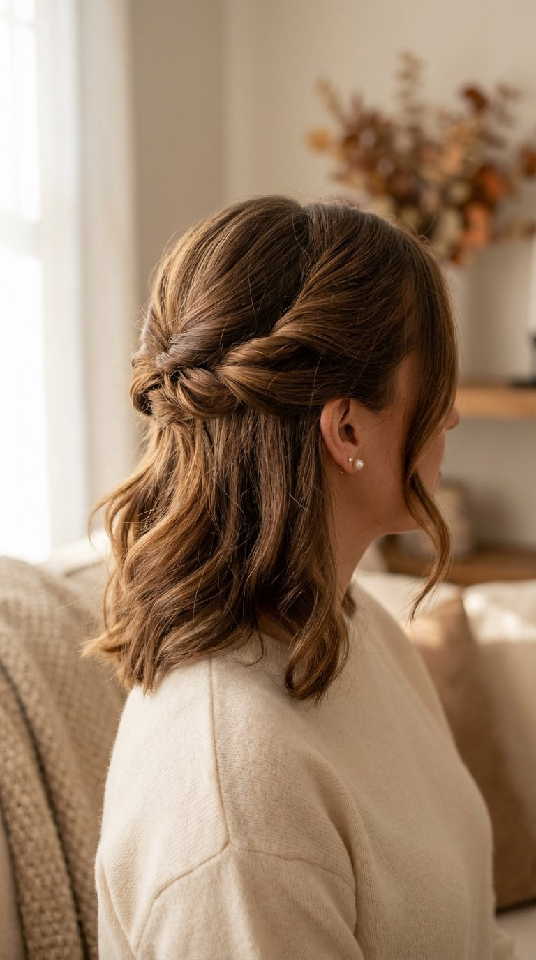 Elegant half-up twisted crown hairstyle on medium length hair with soft texture for fall occasions