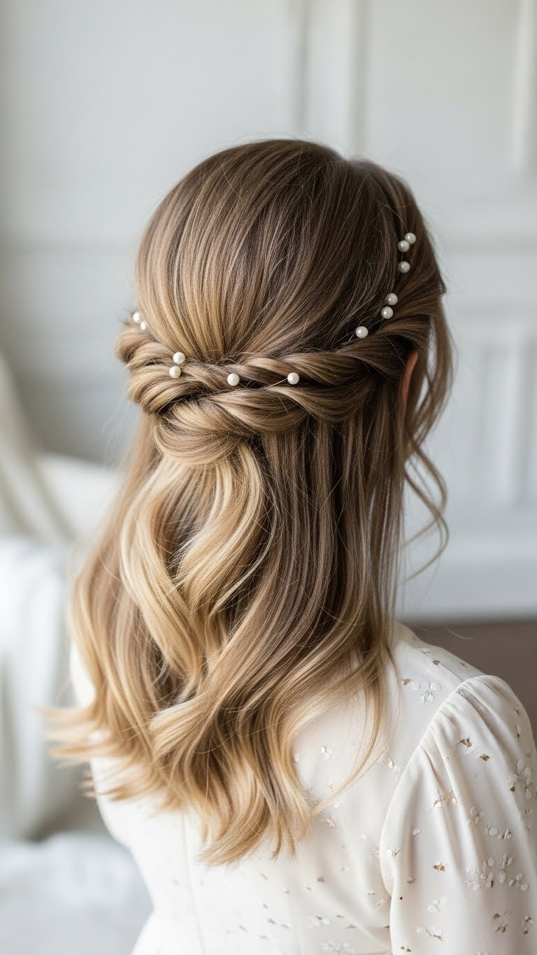 Elegant half-up twisted crown hairstyle with pearl hairpins on medium length hair flowing in soft waves