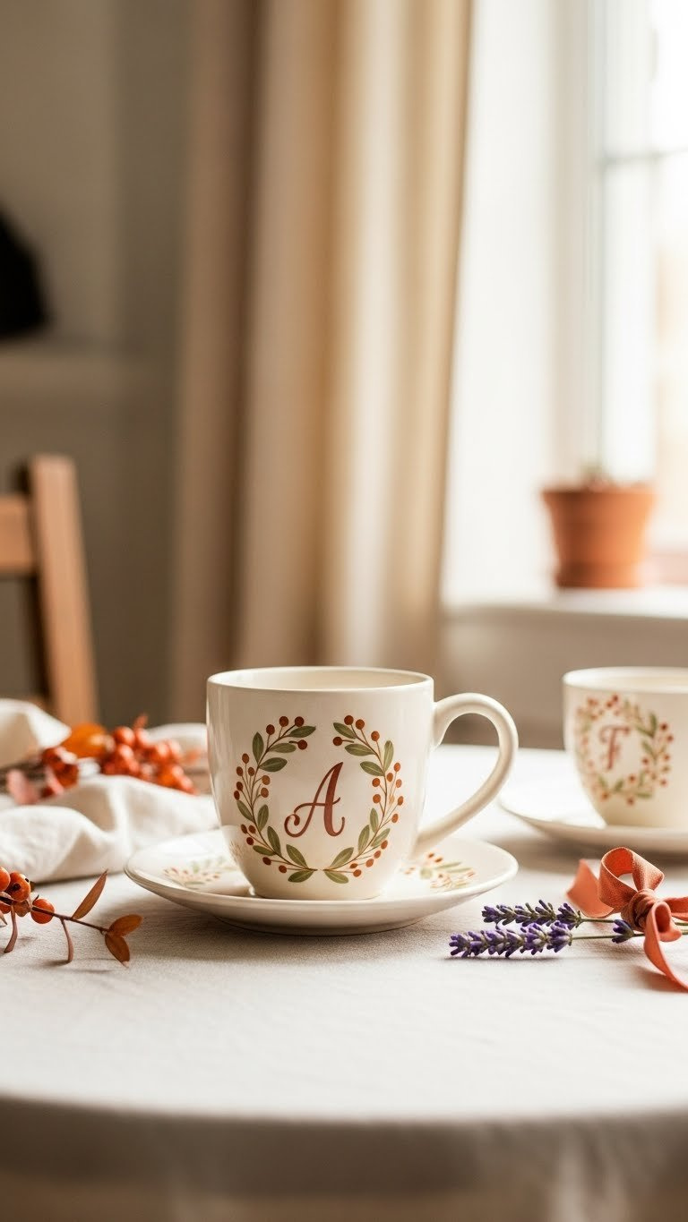 Elegant hand-painted ceramic mug featuring monogram initial surrounded by delicate autumn leaves on linen tablecloth