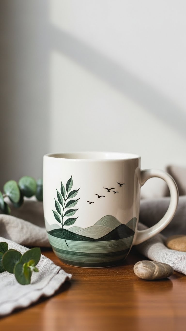 Elegant hand painted coffee mug featuring delicate nature-inspired silhouette design on polished wooden surface with natural elements.
