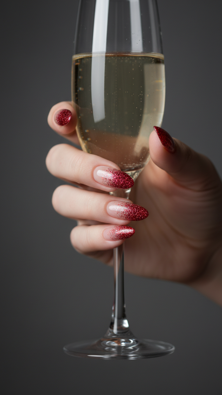 Elegant hand with red glitter ombre almond nails holding champagne flute stem against dark gray background