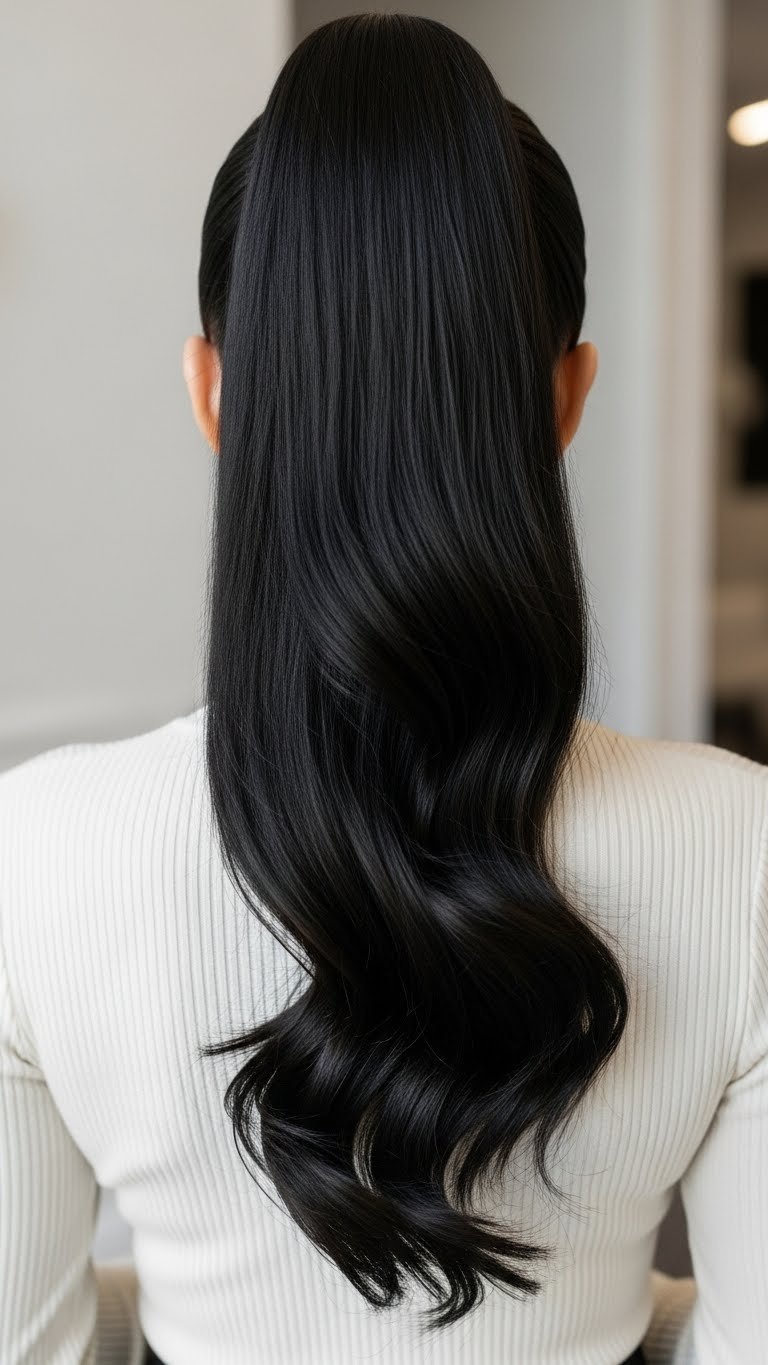 Elegant high ponytail hairstyle with voluminous hair cascading down against luxurious room background