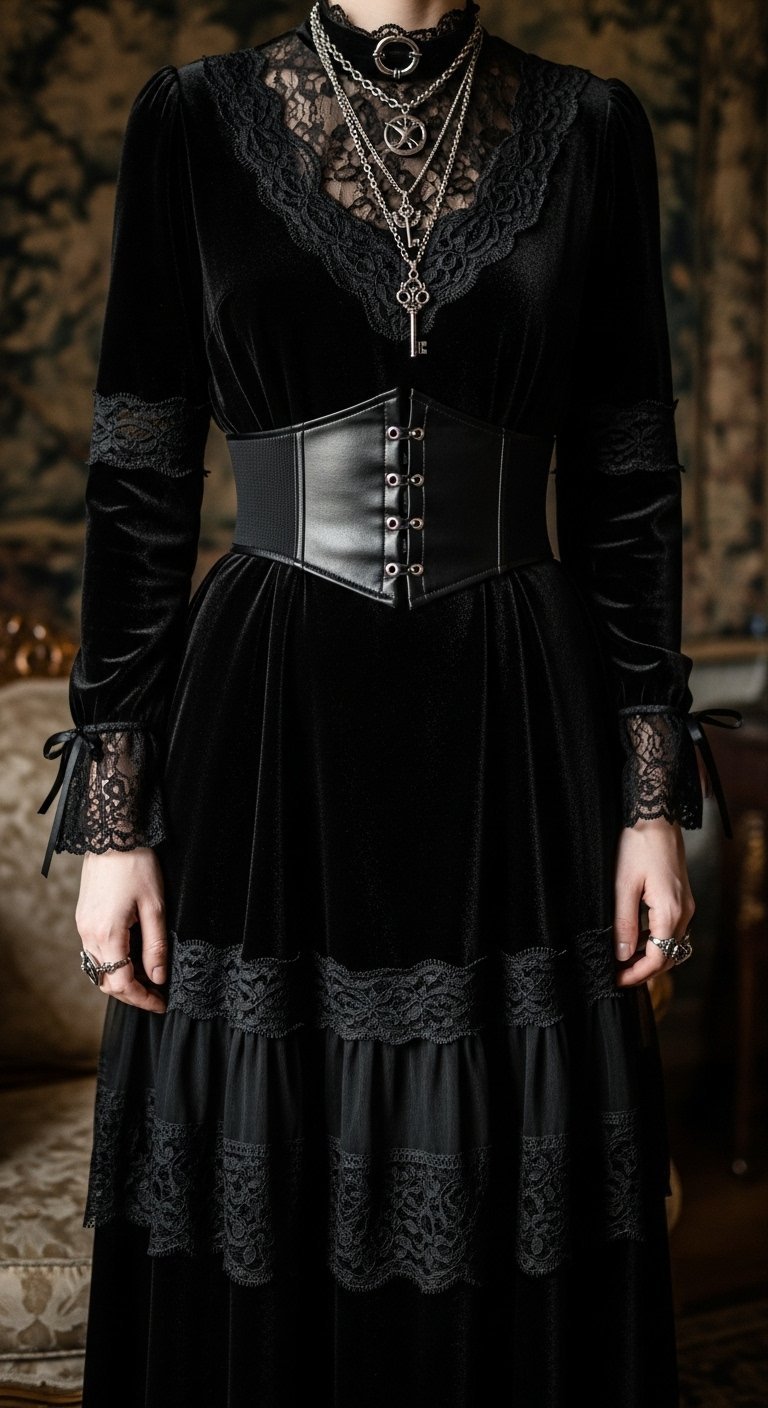 Elegant individual in black velvet midi dress with lace trim and silver jewelry against baroque-inspired decor