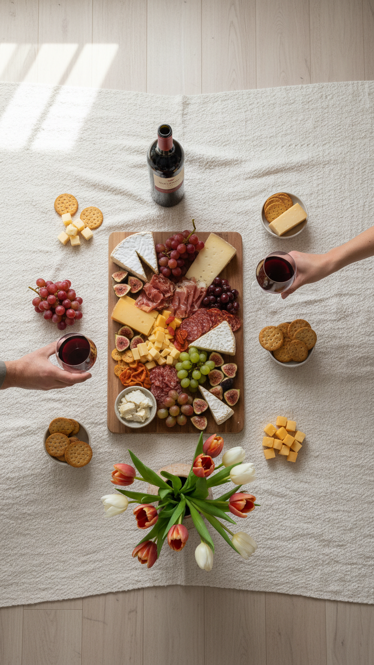 Elegant indoor picnic setup with charcuterie board, wine, and flowers on cozy blanket