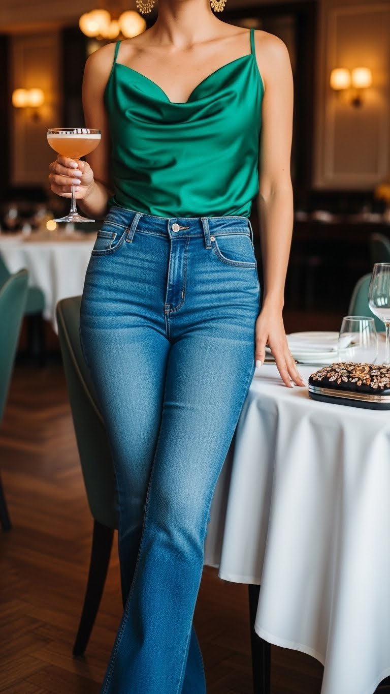 Elegant jeans outfit with emerald satin cowl neck top and dark bootcut jeans at restaurant table.