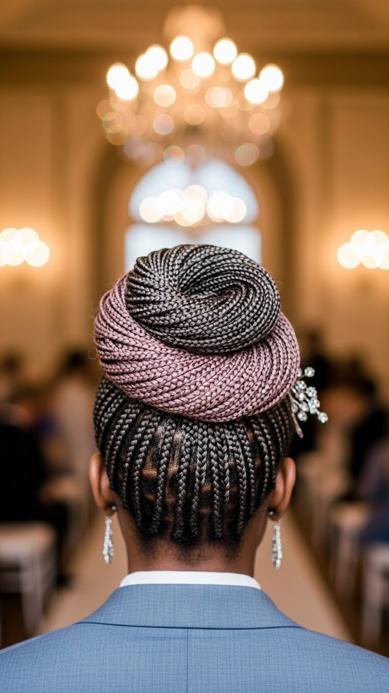 Elegant jumbo knotless braids bun updo for formal events with sophisticated styling