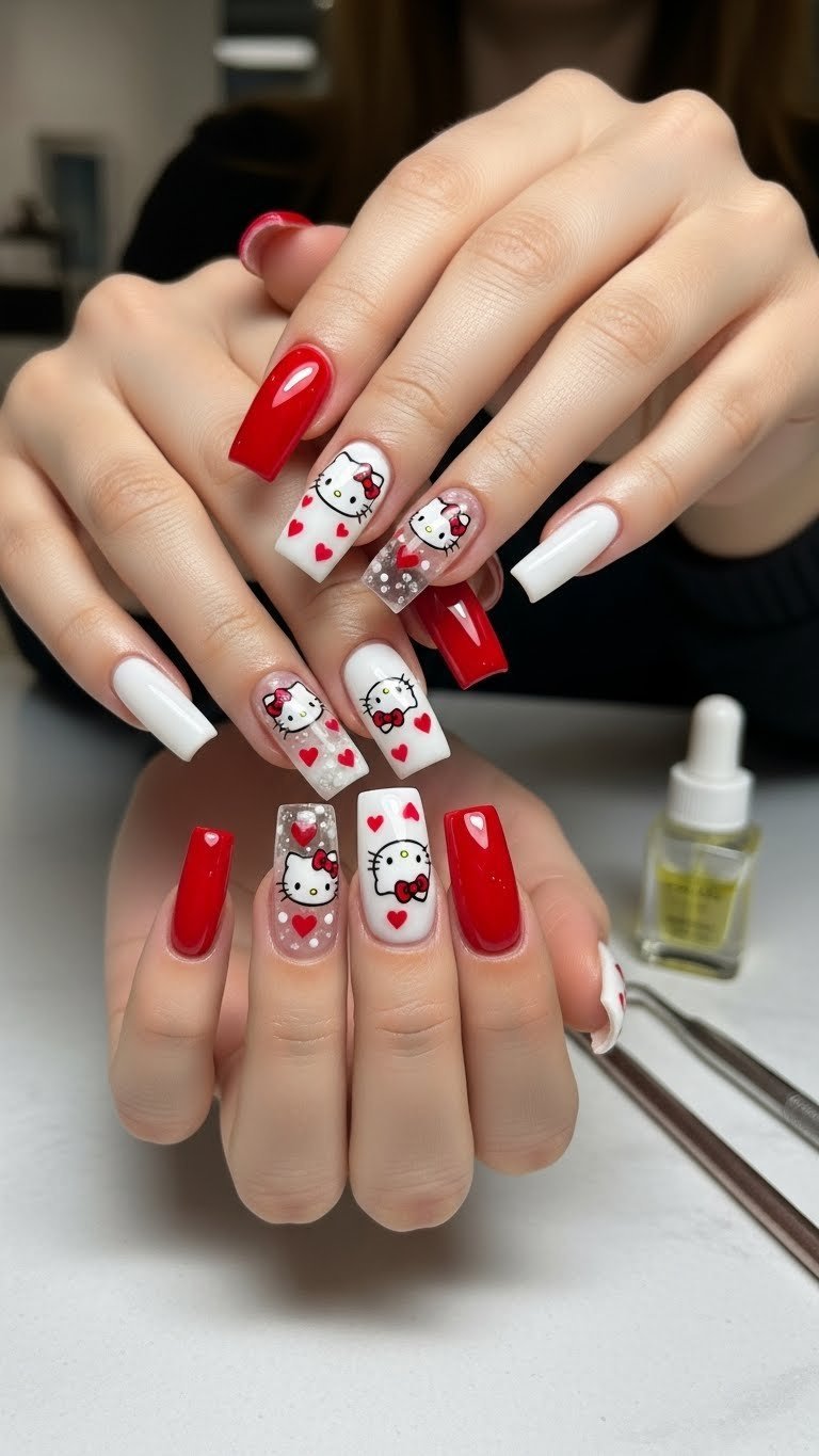 Elegant long square acrylic nails with encapsulated Hello Kitty designs and embedded hearts in professional salon setting.