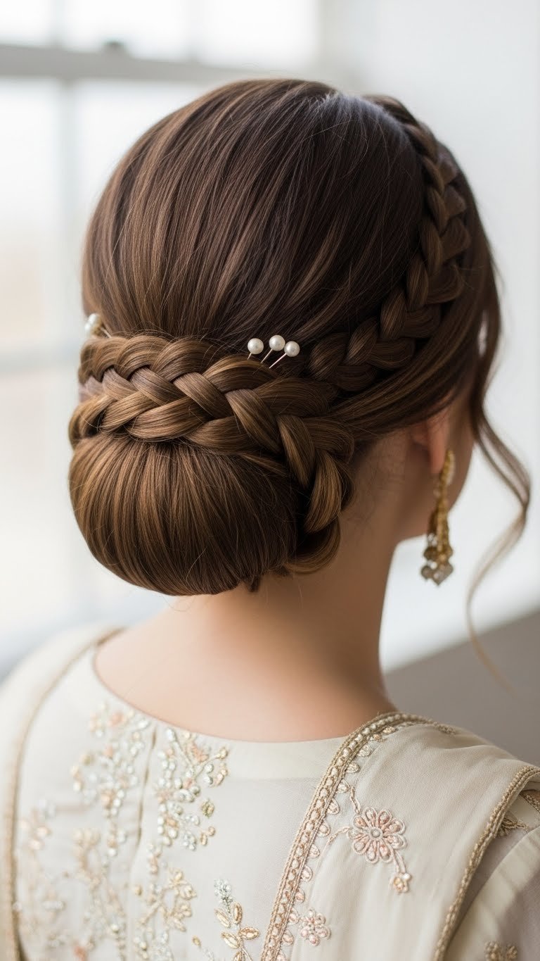 Elegant low braided bun on medium length hair with intricate texture and pearl hairpins against soft natural lighting