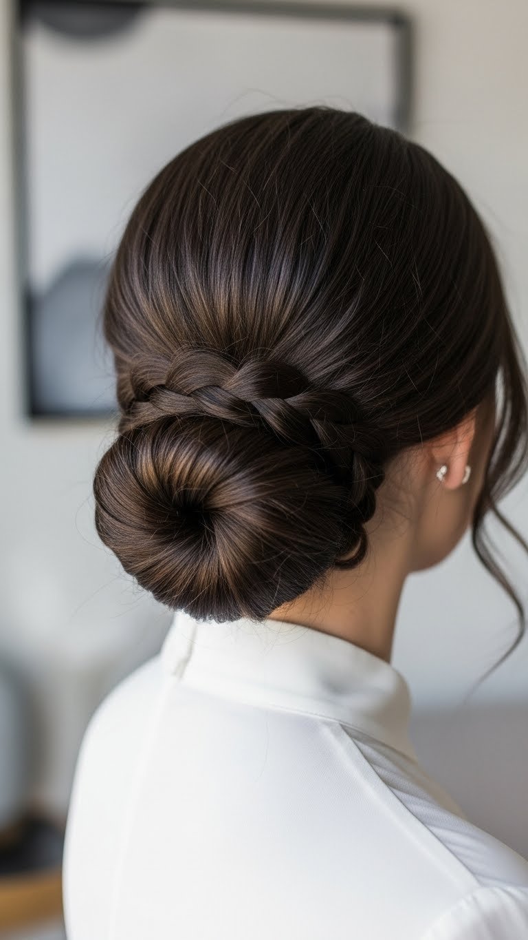 Elegant low bun at nape of neck with delicate braid woven around base in sophisticated cool tones