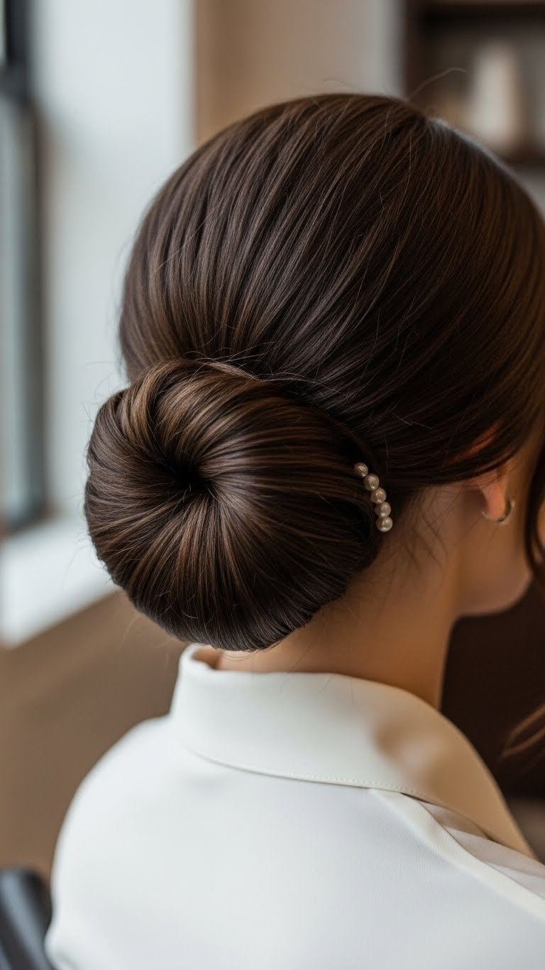 Elegant low bun chignon hairstyle with dark brown hair concealing oily hair styles in office interior