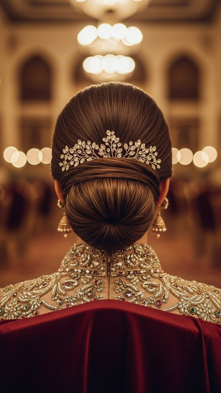 Elegant low bun hairstyle on Arab woman's medium length hair adorned with traditional Middle Eastern accessories