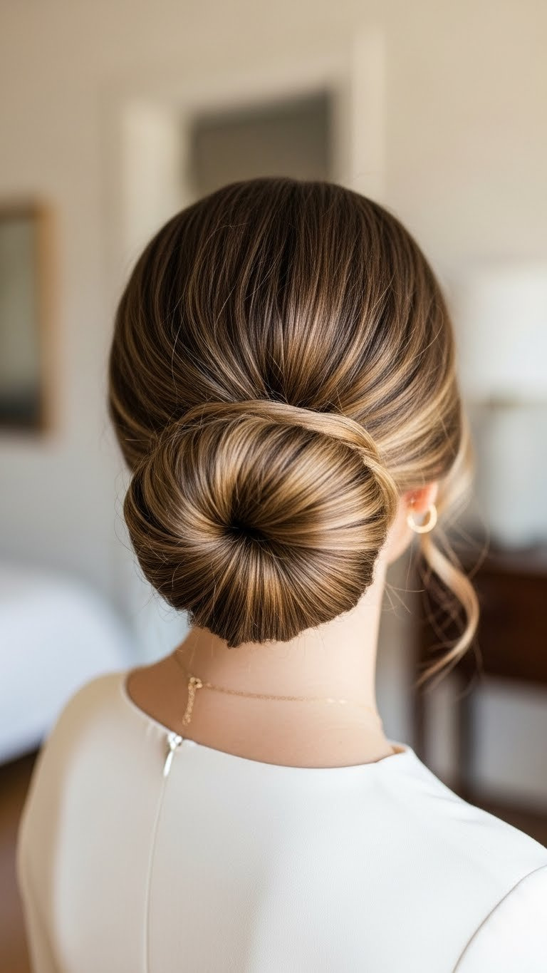 Elegant low bun hairstyle on medium-length hair with smooth texture and polished finish against soft natural light backdrop.