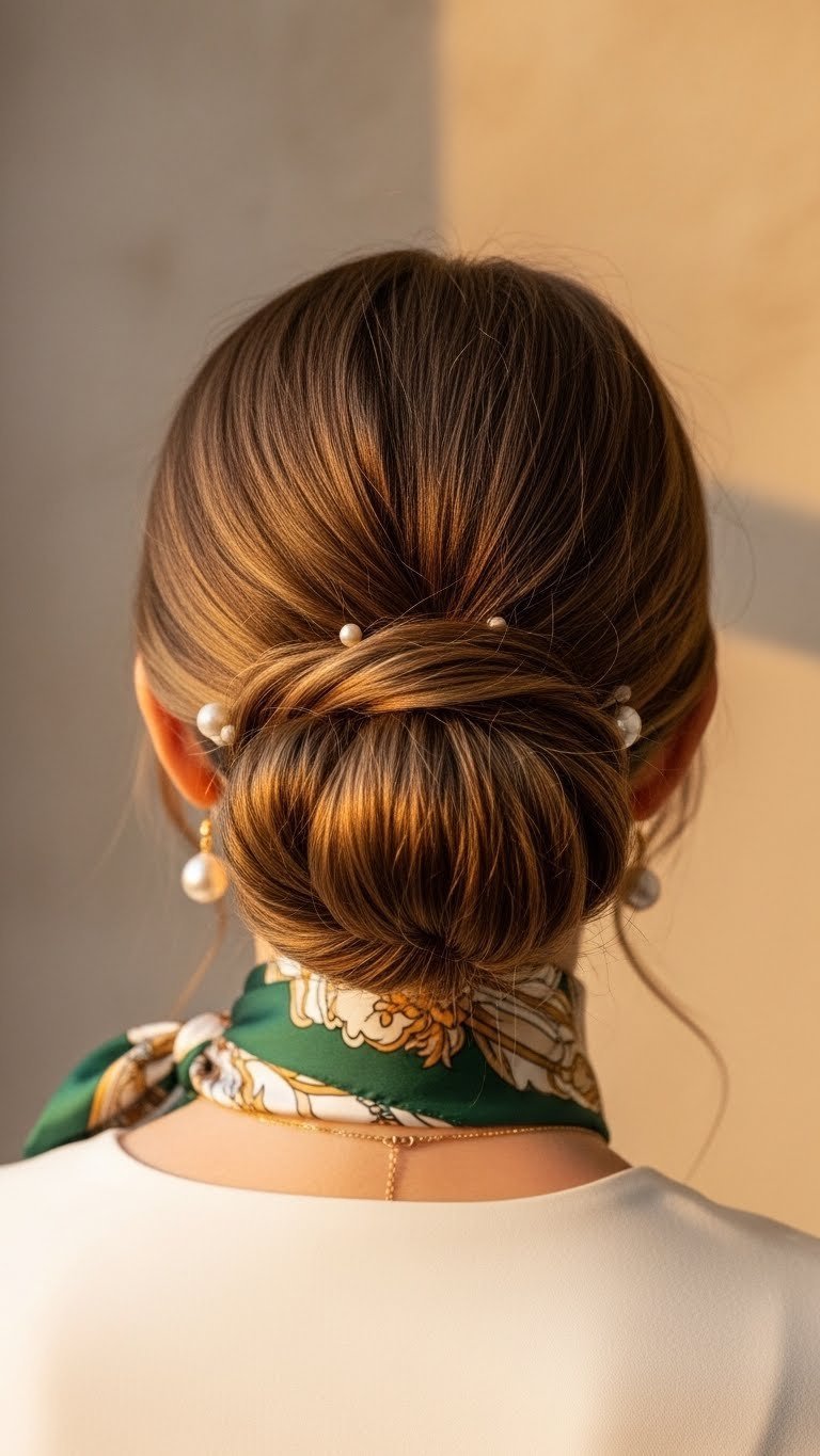 Elegant low chignon bun hairstyle on medium length hair captured in warm golden hour lighting with polished finish