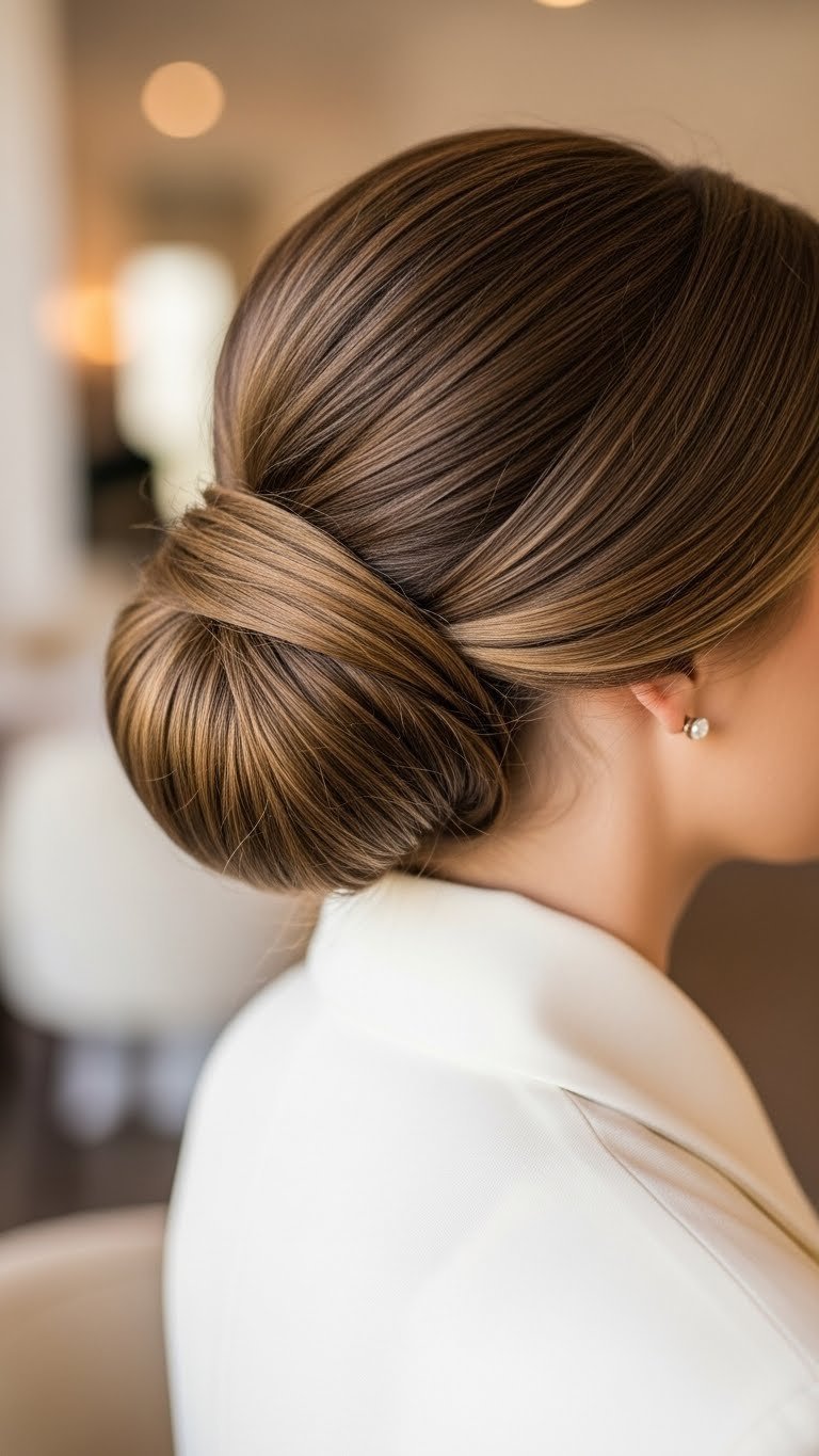Elegant low chignon bun hairstyle with polished twist detail on medium length hair against soft natural lighting.