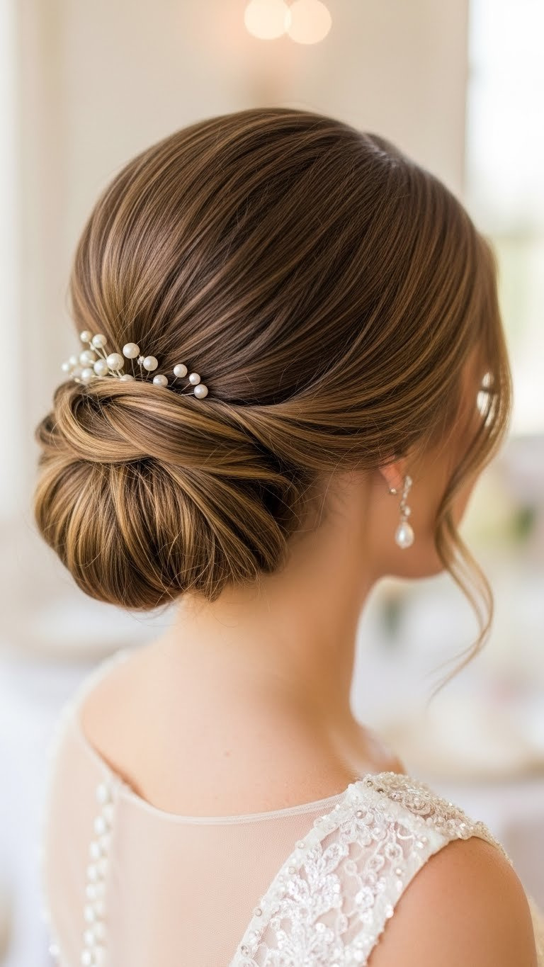 Elegant low chignon updo with soft twist and face-framing tendrils in golden banquet hall setting