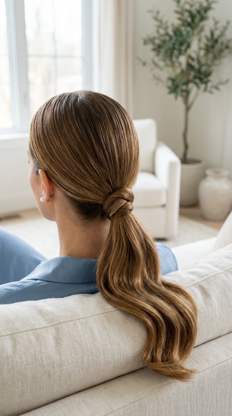 Elegant low ponytail hairstyle with twisted detail at base on medium length shiny hair in minimalist interior