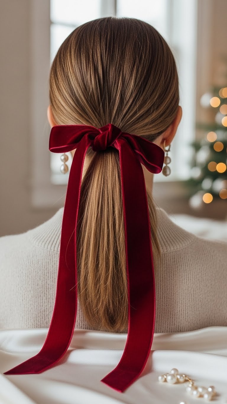 Elegant low ponytail with deep crimson velvet ribbon tied at nape of neck against soft neutral silk background