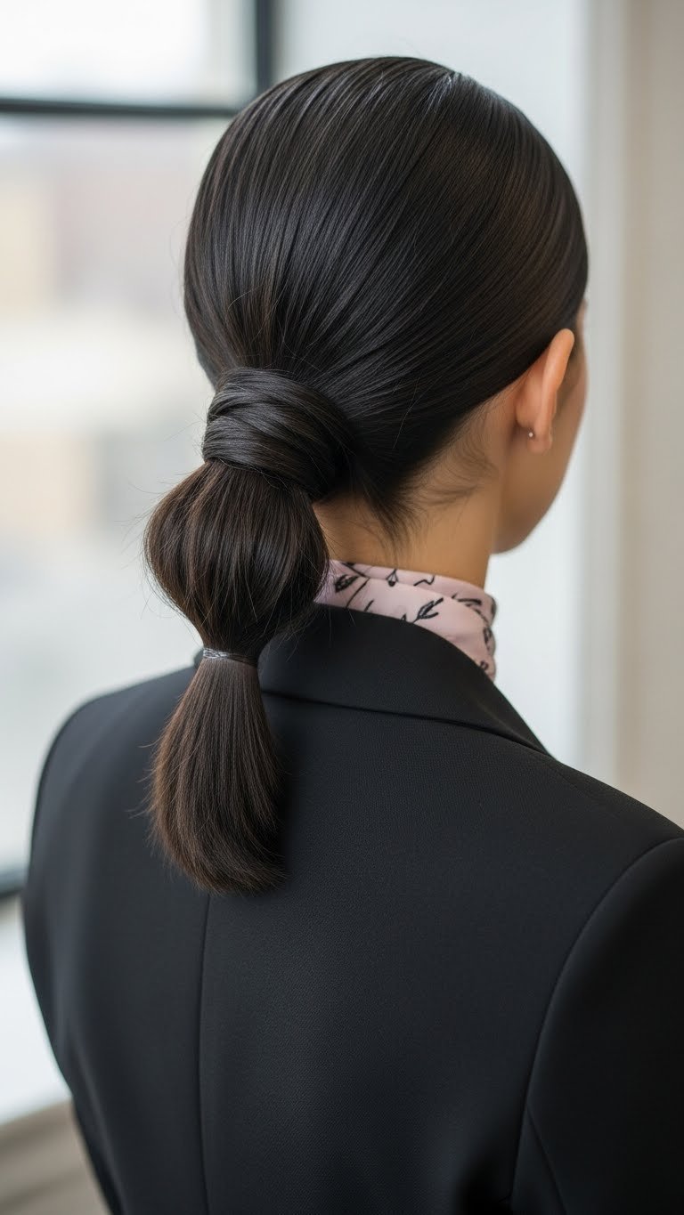 Elegant low ponytail with modern twist detail on sleek straight hair against minimalist background