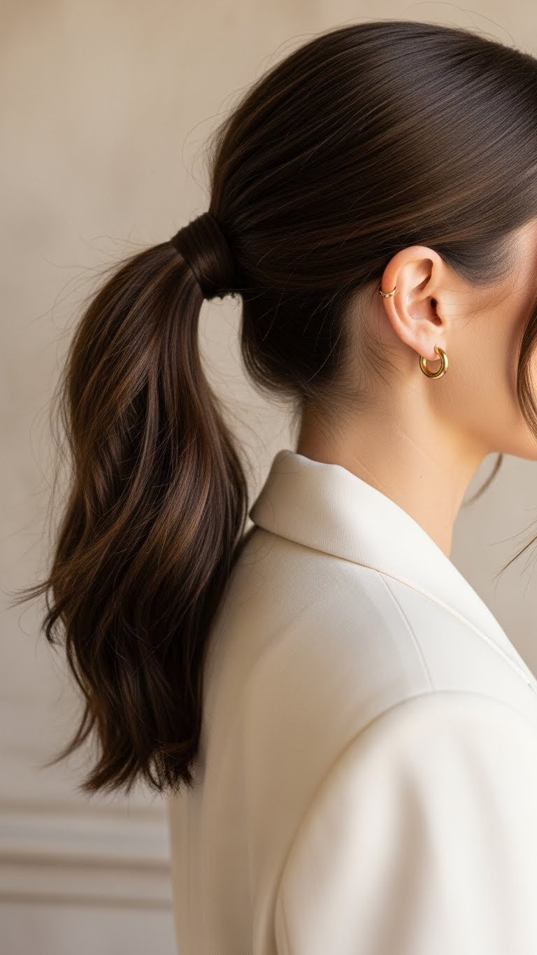 Elegant low wrapped ponytail on brunette hair resting over shoulder with polished formal interior backdrop